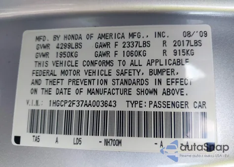 2010 Honda Accord 2.4 Lx из США, поврежденный, VIN 1HGCP2F37AA003643